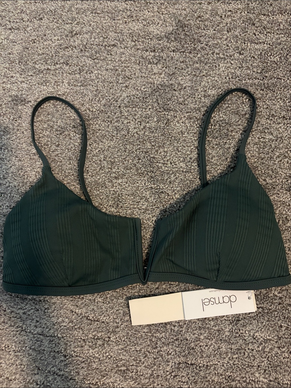 Dark Green Ribbed V-Wire Bikini Top by Damsel